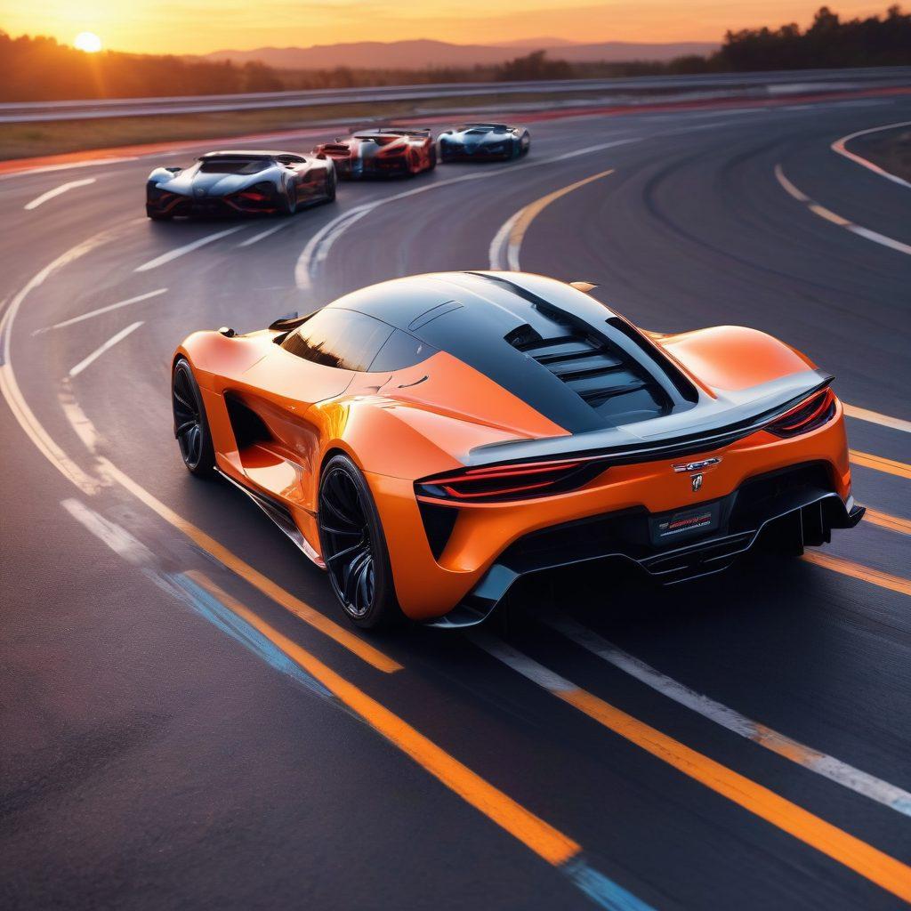 A sleek, futuristic car races on a winding road, surrounded by dynamic graphics of tire tracks and speed lines. In the foreground, a diverse group of car enthusiasts discuss the latest modifications with high-tech gadgets in hand. Vibrant colors highlight various car models representing different trends, while a sunset sky sets the scene. super-realistic. dynamic composition. vibrant colors.