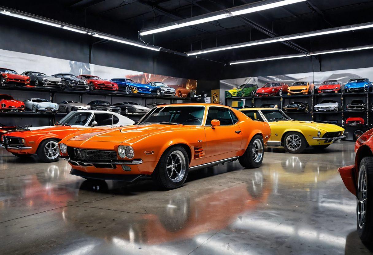 A dynamic scene showcasing diverse car enthusiasts working on various sleek, customized vehicles in a vibrant garage setting. Include tools, automotive magazines, and posters of car trends on the walls. Show a mix of classic and modern cars, emphasizing creativity and craftsmanship. Bright lighting and a sense of motion should fill the space. super-realistic. vibrant colors. 3D.