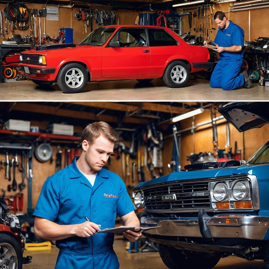 A dynamic split-image scene depicting the evolution of a mechanic: on one side, a novice working with basic tools in a cluttered garage, and on the other side, an expert mastering advanced automotive technology with high-tech equipment. Include tools, car parts, and diagrams that symbolize knowledge upgrade. Use warm and inviting lighting to create a sense of progression. vibrant colors. super-realistic.